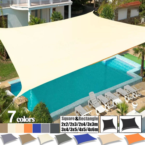 Voile d'ombrage rectangulaire imperméable beige sur terrasse